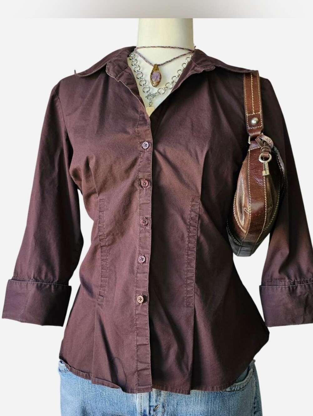 Y2k Butterfly Chocolate Brown Fitted Button-up Top - Medium